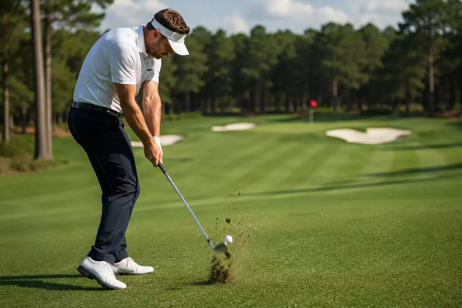 Profi-Golfer beim präzisen Approach-Schlag ins Grün