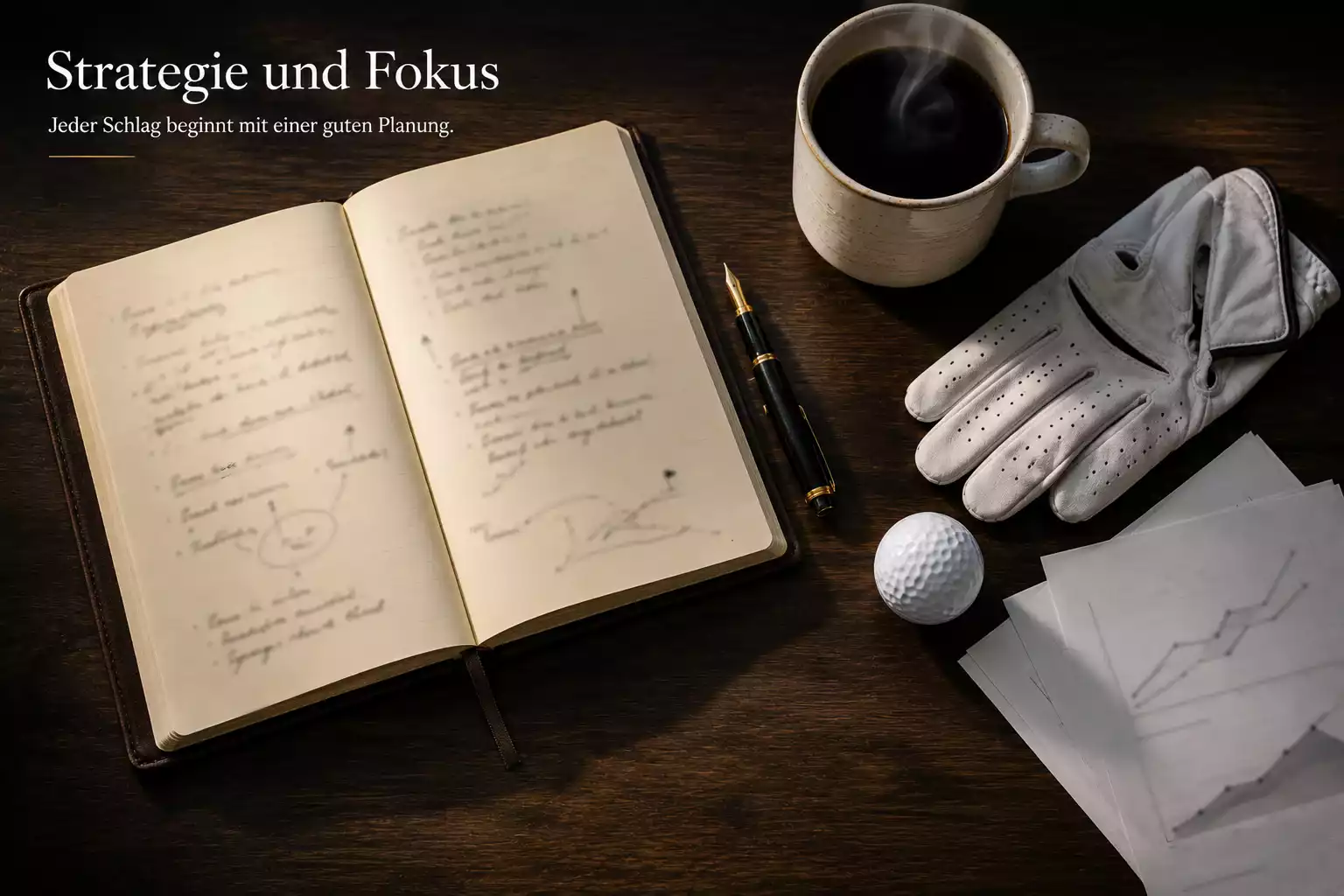 Wettprotokoll und Planung in einem Notizbuch neben Golfausrüstung