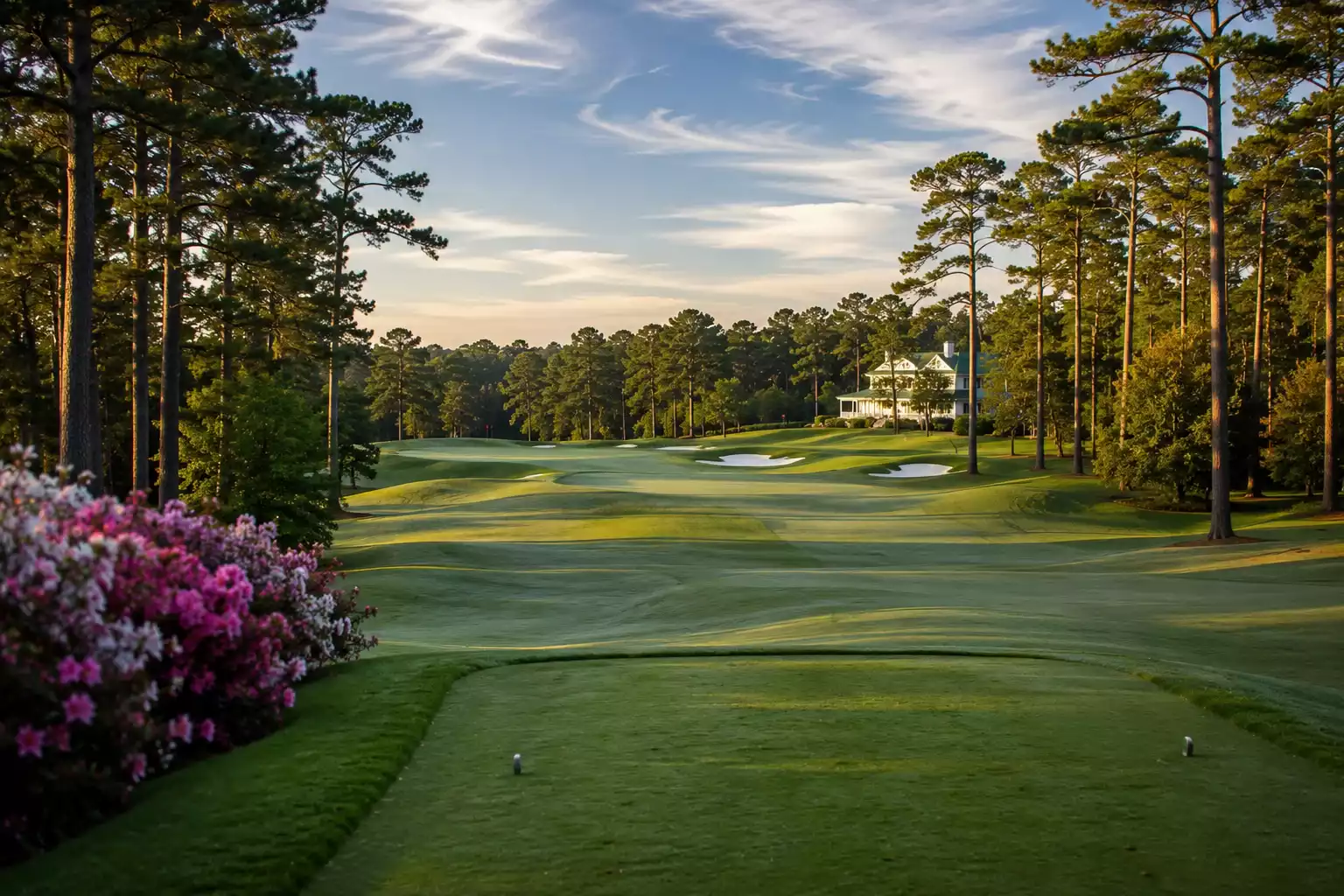 Klassisches Major-Turnier-Fairway mit Clubhaus im Hintergrund