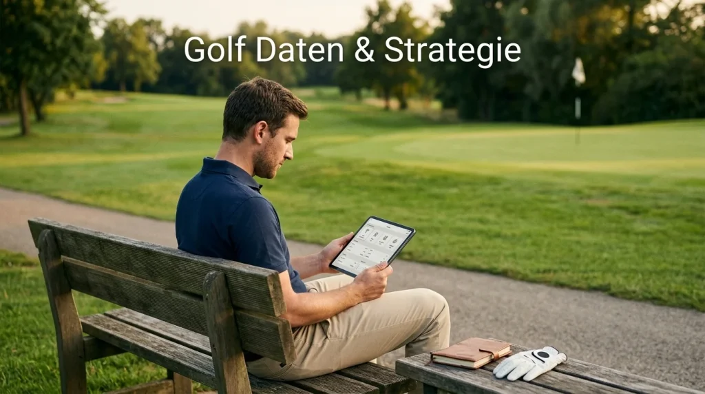 Golfwetter mit Tablet und Notizen auf einer Holzbank neben einem Golfplatz