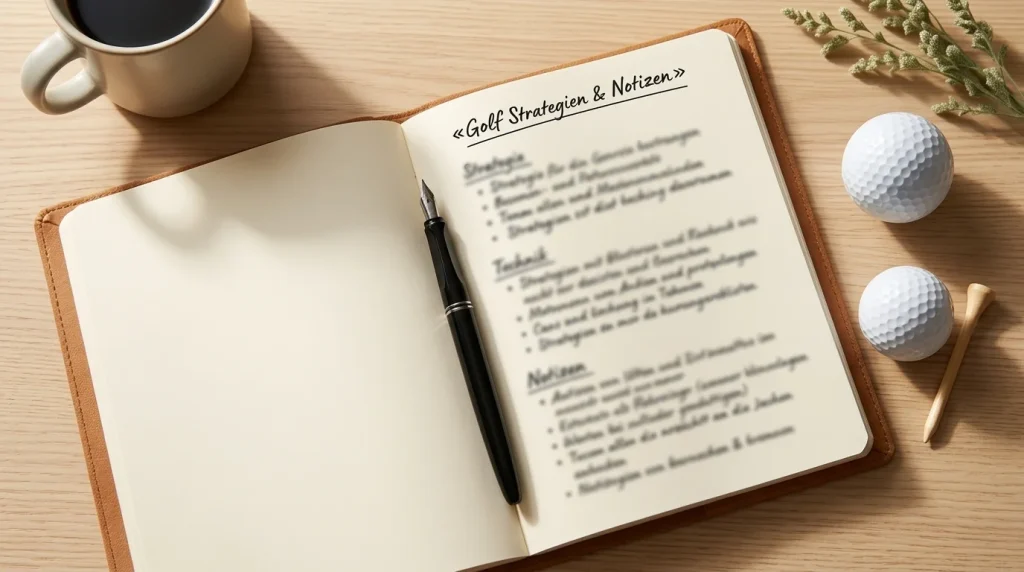 Handschriftliches Notizbuch mit Wett-Notizen neben einem Golfball und einer Tasse Kaffee