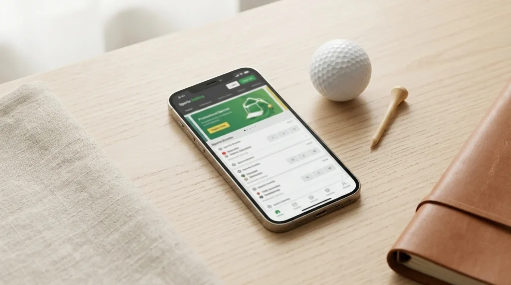 Smartphone mit Wett-App-Oberfläche neben einem Golfball und Golf-Tee auf einem Holztisch