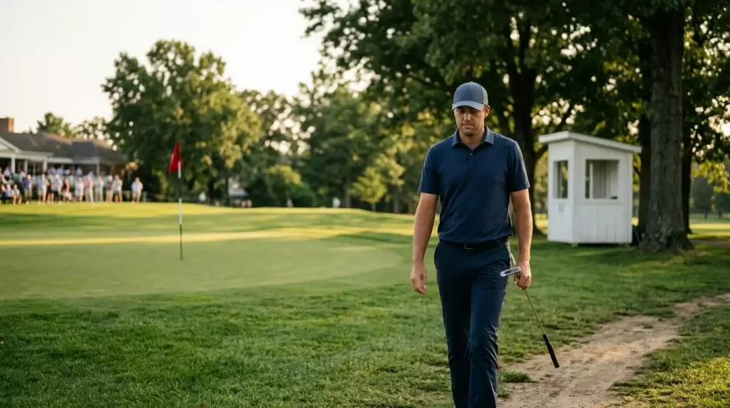 Profi-Golfer geht am Freitagnachmittag das 18. Grün eines PGA-Tour-Turniers entlang nach Beendigung der zweiten Runde
