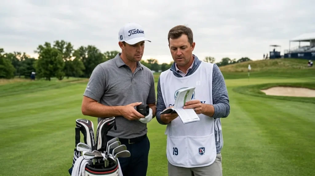 Golfprofi und Caddie studieren ein Yardage-Book vor einem Schlag