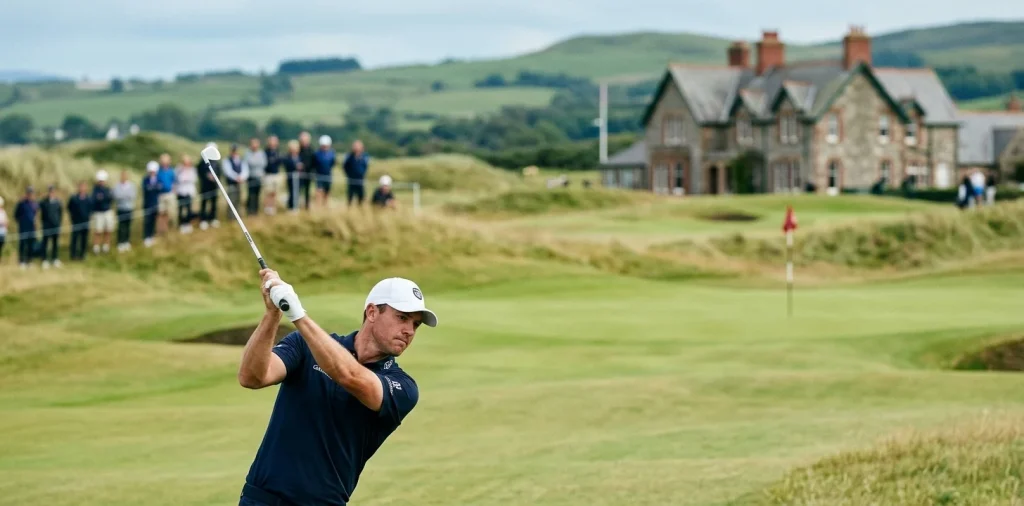 Profi-Golfspieler beim Abschlag auf einem europäischen Tour-Platz mit Galerie und Turnierfahnen