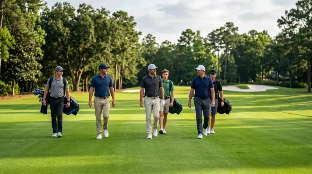 Drei Profi-Golfer mit ihren Caddies gehen gemeinsam das Fairway eines PGA-Tour-Kurses entlang