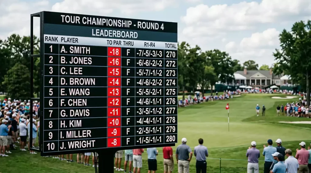 Digitales Anzeigetafel-Leaderboard eines PGA-Tour-Turniers mit den Top-10-Platzierungen am Finalsonntag