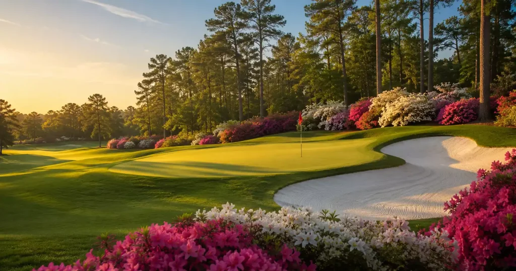 Gepflegtes Fairway eines Major-Golfplatzes mit blühenden Azaleen und Pinien im Hintergrund
