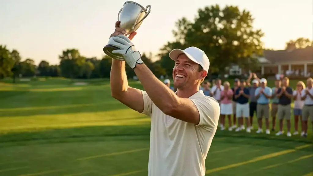 Profi-Golfer hebt die Sieger-Trophäe nach Turnierabschluss auf einem PGA-Tour-Event in die Höhe