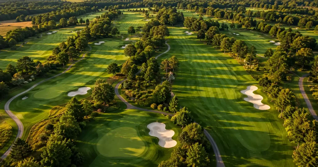 Luftaufnahme eines gepflegten Golfplatzes mit Fairways, Bunkern und Greens im warmen Abendlicht