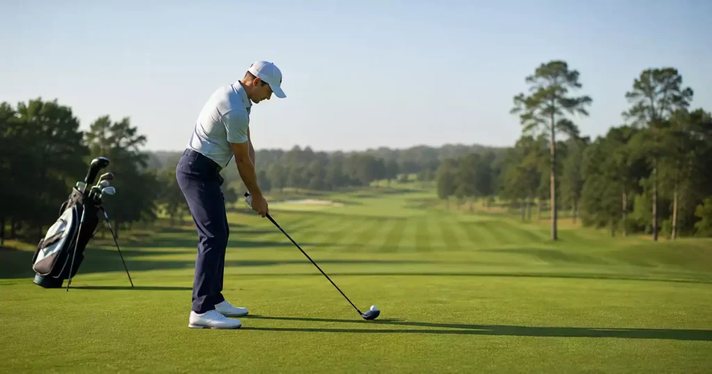 Profi-Golfer am Abschlag mit Driver auf einer gepflegten Tee-Box bei sonnigem Wetter