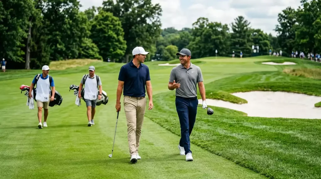 Zwei Profi-Golfer in derselben Spielgruppe gehen nebeneinander das Fairway eines PGA-Tour-Kurses entlang