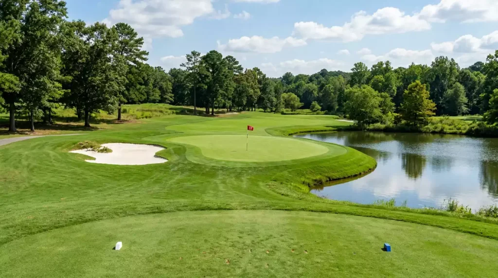 Par-3-Loch auf einem PGA-Tour-Kurs mit Fahne im Loch und sichtbarem Green aus Spielerperspektive