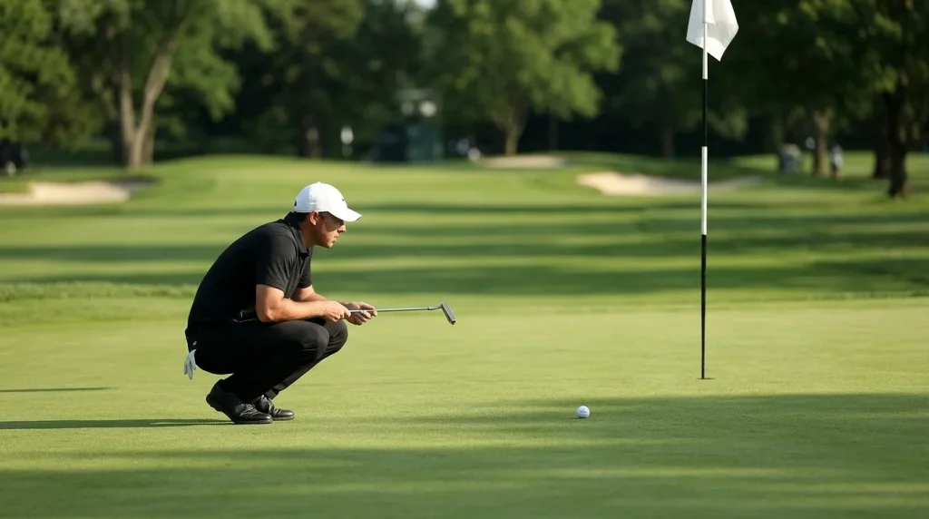 Golfer liest die Linie eines Putts auf einem Bent-Grass-Grün