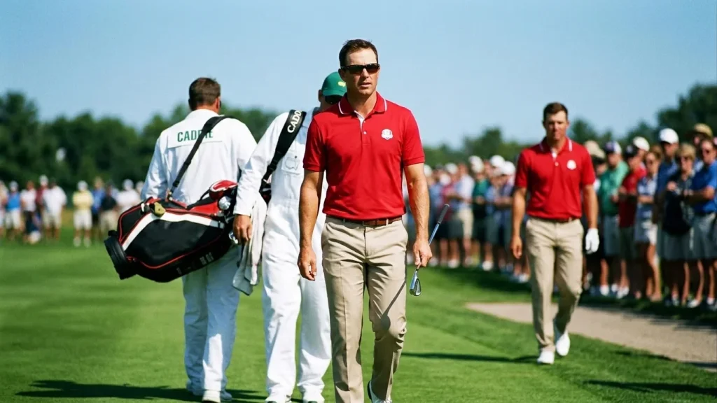 Profi-Golfspieler in farbigen Team-Trikots beim LIV-Golf-Event auf dem Fairway
