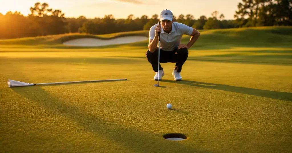 Profi-Golfer beim Putt auf dem Grün im warmen Licht der Abendsonne kurz vor Rundenende