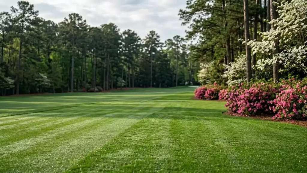 Frisch gepflegtes grünes Fairway eines Major-Golfplatzes im Frühling mit blühenden rosa Azaleen am Rand