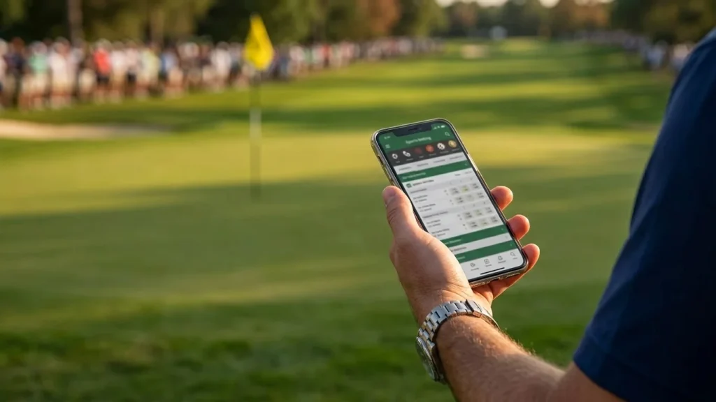 Smartphone mit Sportwetten-App in der Hand eines Zuschauers auf einem Golfplatz