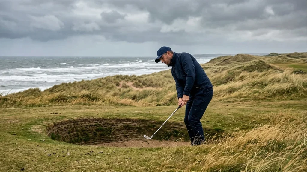 Golfer in Regenjacke spielt bei starkem Wind auf einem schottischen Links-Kurs