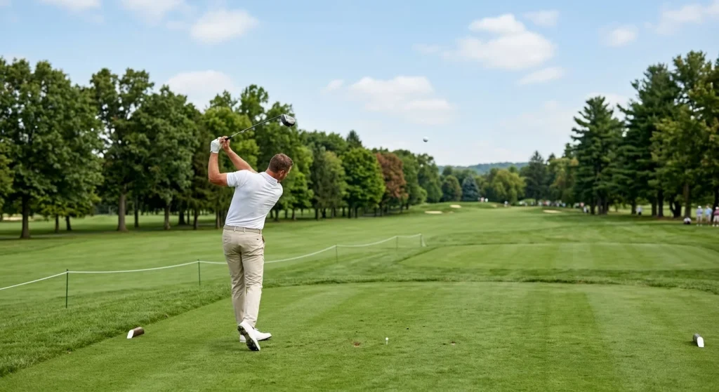 Golfprofi schlägt mit Driver vom Tee auf einem Championship-Kurs ab