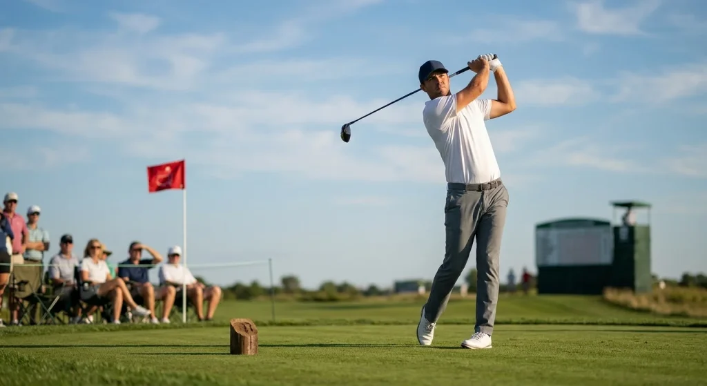 Profi-Golfspieler beim Abschlag auf einem PGA-Tour-Platz mit Tribüne und Zuschauern