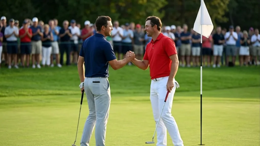 Zwei Golfer reichen sich auf dem Grün die Hand nach einem Match-Play-Loch