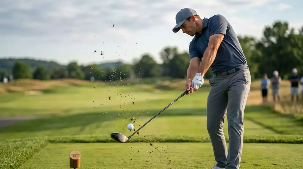 Nahaufnahme eines Driver-Schlags vom Abschlag eines PGA-Tour-Kurses, Golfball im Moment des Impacts