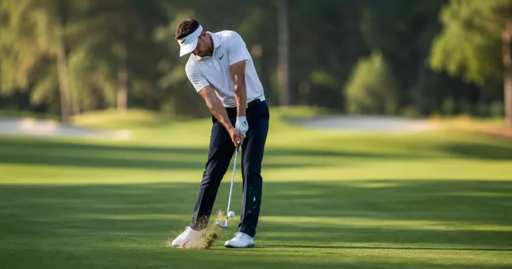 Profi-Golfer im Moment des Ballkontakts mit dem Eisen auf dem Fairway