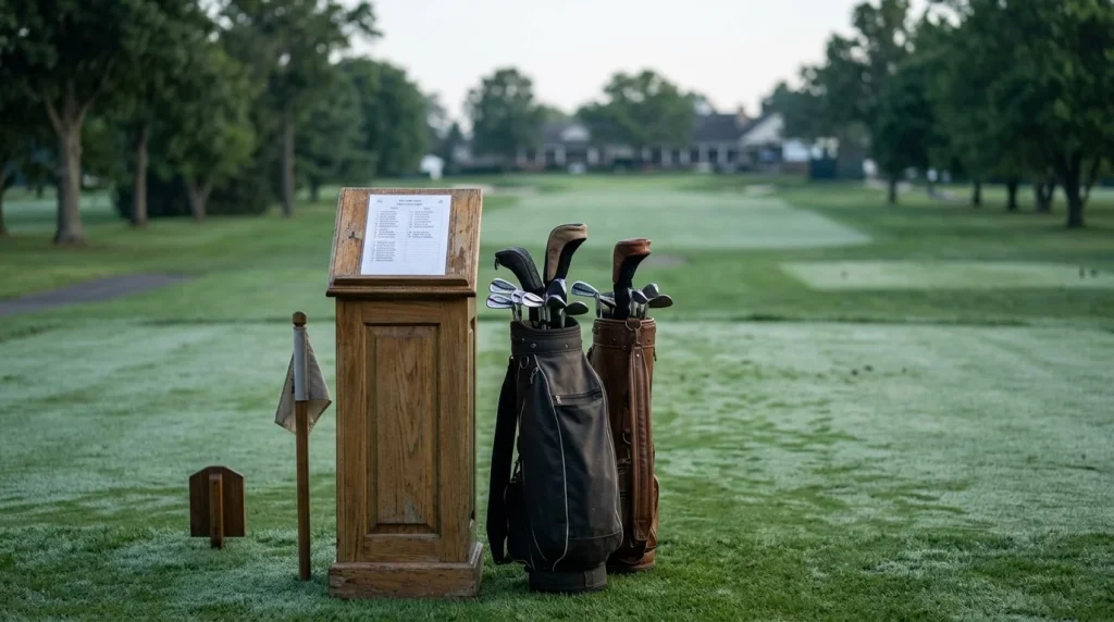 Tee-Time-Anzeigetafel eines Golf-Turniers am ersten Abschlag mit Golfschlägertaschen