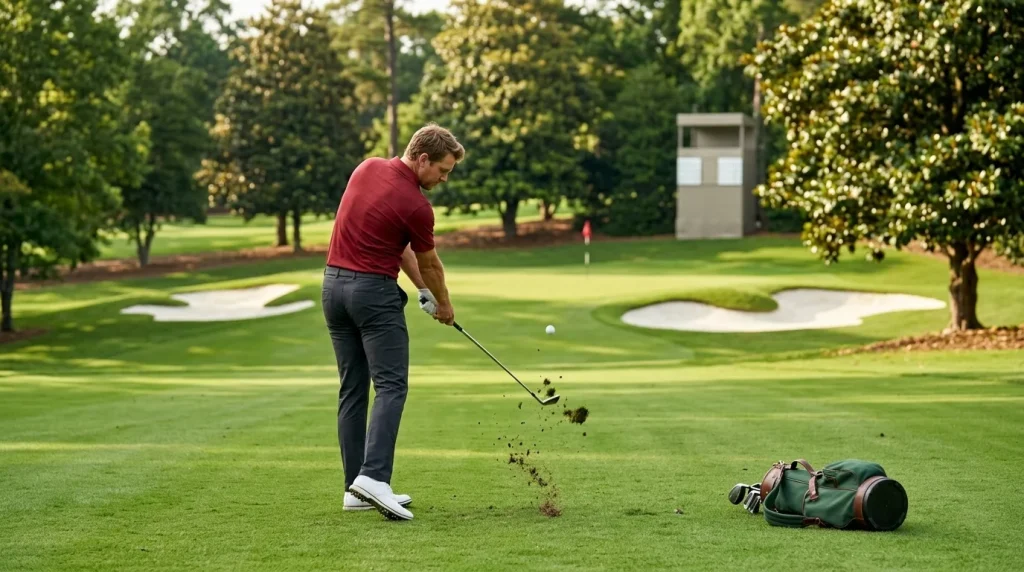 Golfprofi spielt einen Approach-Schlag mit Eisen auf ein bewachtes Grün