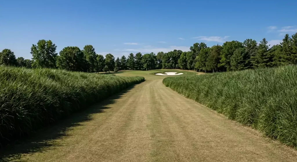 Schmales Fairway eines US-Open-Setups mit dichtem hohem Rough an beiden Seiten und einem Bunker im Hintergrund