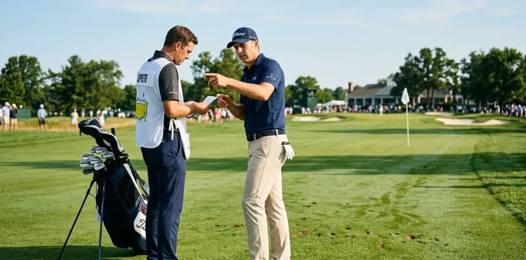 Golfer und Caddie besprechen die Schlägerauswahl am Bag auf dem Fairway