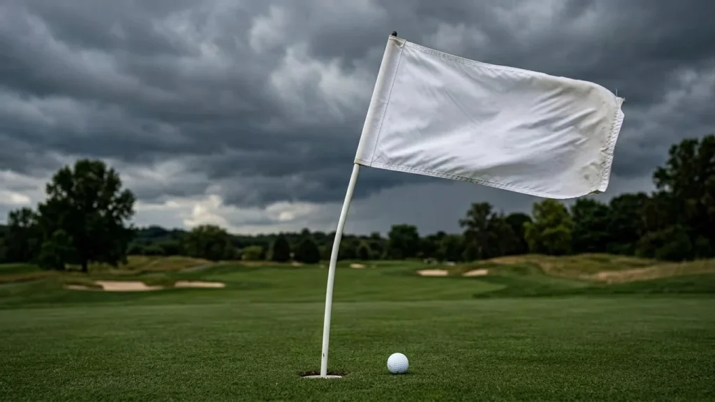 Golfflagge weht stark im Wind auf einem bewölkten Tour-Grün