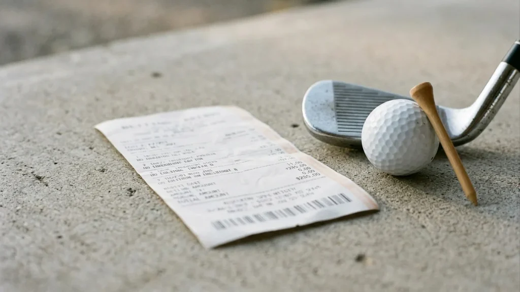 Gedruckter Wettschein einer Golf-Wette neben einem Golfschläger und einem Golfball